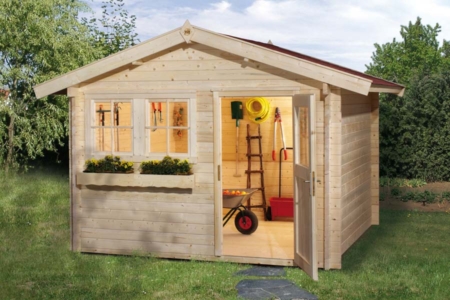 WEKA Gartenhaus kaufen Schweiz. Stabile 45 mm Blockbohlenbauweise