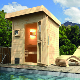 Aussensauna für ein perfektes Wellnessvergnügen. Saunieren auch auf kleinem Raum