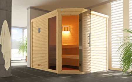Moderne und stabile Massivholzsauna in Blockbohlen bauweise. Sauna für Innen kaufen Schweiz