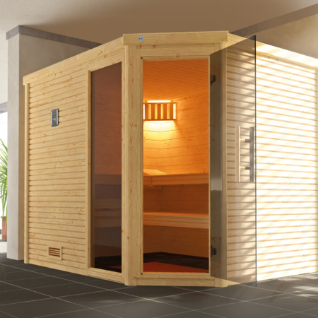 Moderne und stabile Massivholzsauna in Blockbohlen bauweise. Sauna für Innen kaufen Schweiz
