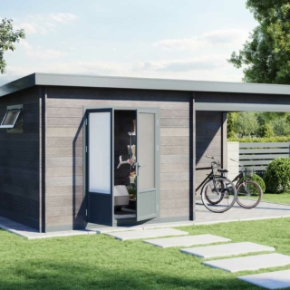 Edles Gartenhaus aus WPC mit seitlichem Anbau. WPC Gartenhaus Schweiz kaufen