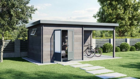 Edles Gartenhaus aus WPC mit seitlichem Anbau. WPC Gartenhaus Schweiz kaufen